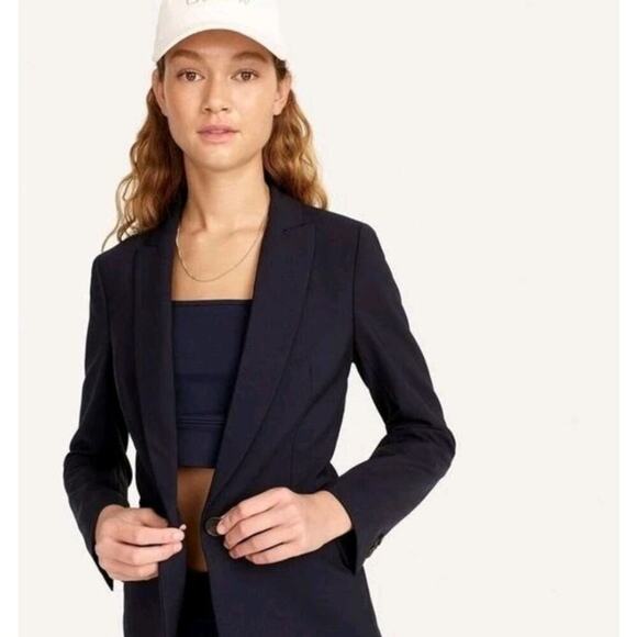 J. Crew Parke Blazer Italian Stretch Wool Size 0 Navy Tollegno 1900 Black Label - Picture 1 of 12